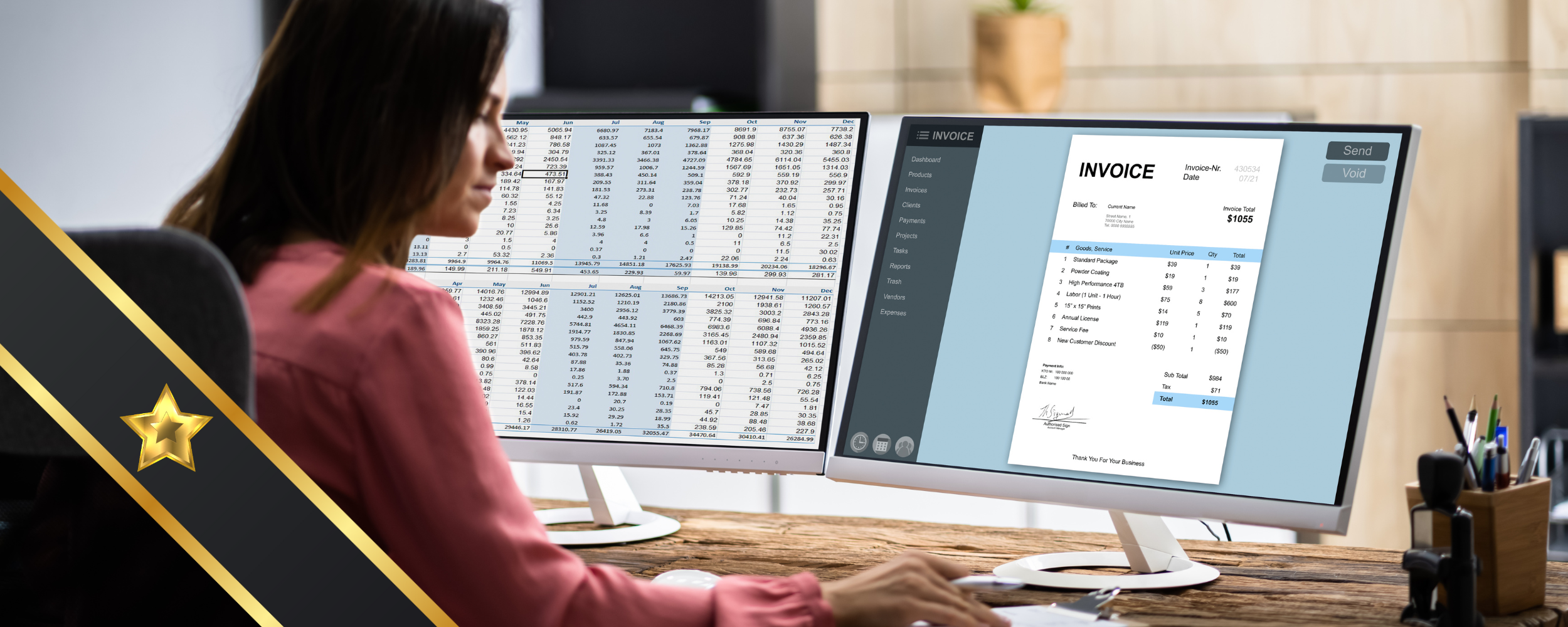 A woman working on dual monitors to create an invoice.